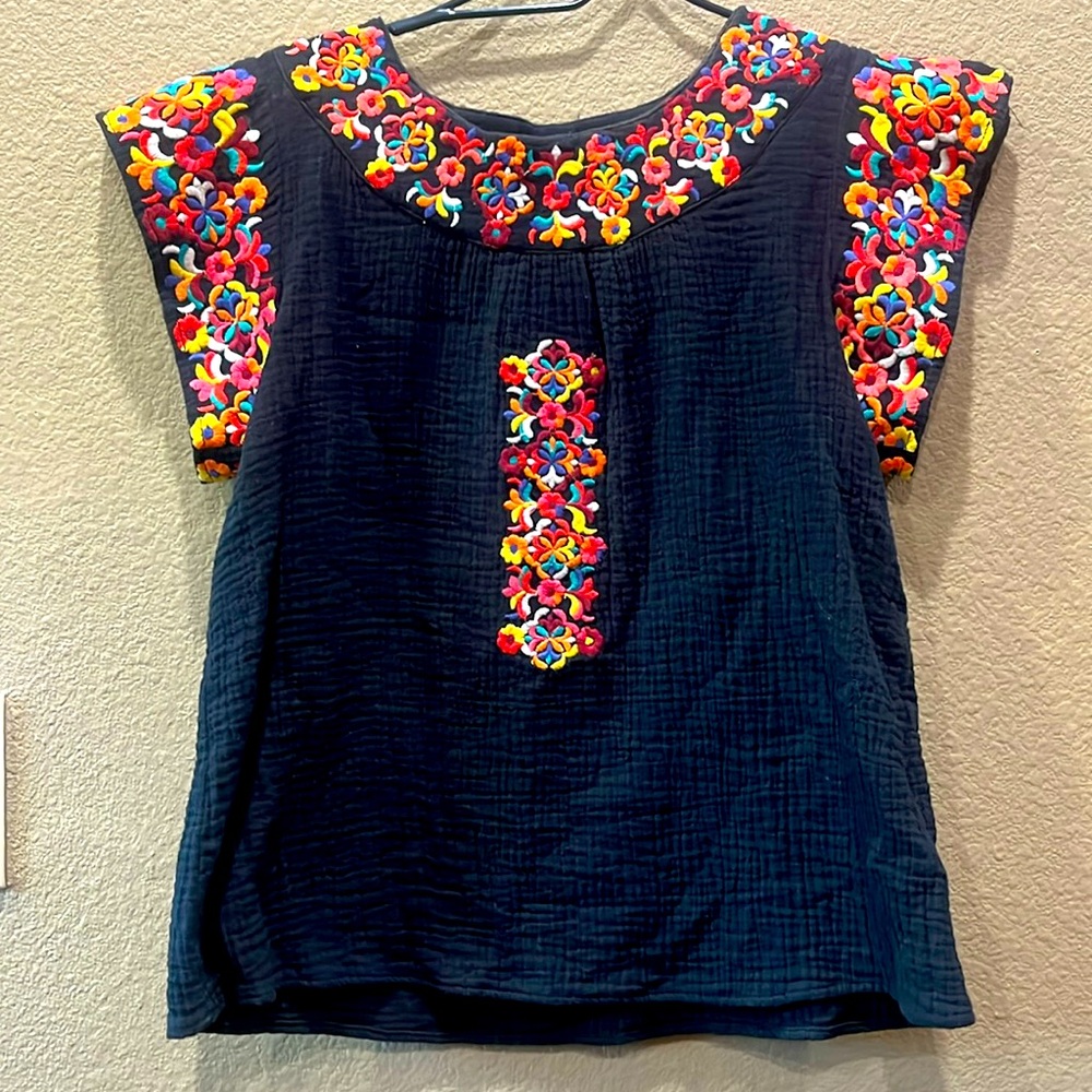 THML Black Top with Multicolor Embroidered Yoke and Sleeves